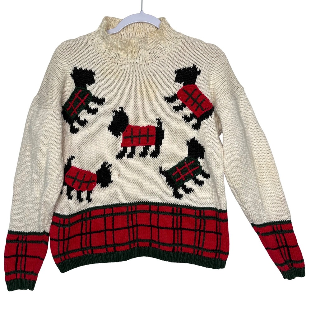 Vtg 90s Petite Sophisticate Scottie Dog Sweater M Plaid Novelty Grandma Knit